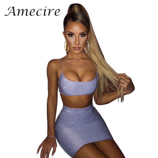 

two piece dress amecire women 2 sets summer matching outfits suit sparkle club night party wear lady strap bodycon clothes, White