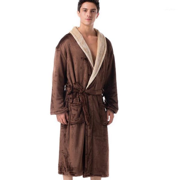 

men's sleepwear autumn winter color contrast flannel spa robe men pajamas male coral fleece nightgown kimono bathrobe home clothes, Black;brown
