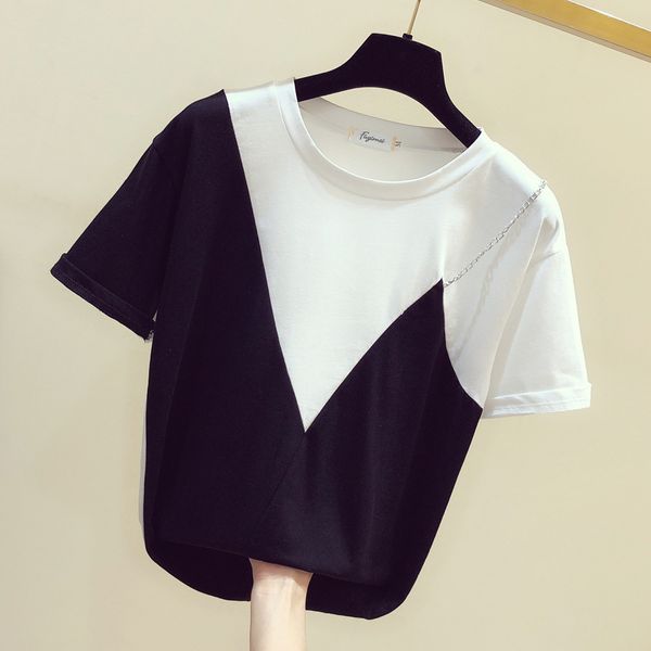 

summer bump color fake two pieces patchwork cotton short-sleeved o neck casual woman tshirts 210421, White