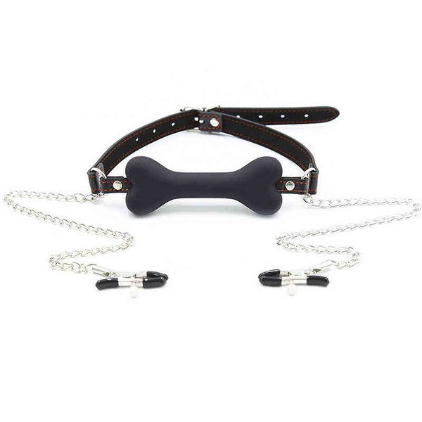 NXY Pump Toys Slave Erotikprodukte Silikon Hundeknochenknebel Mund mit Nippelklemmen Kette Brustklammer Sex Bondage BDSM Erwachsene 1126