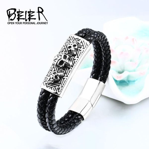 

charm bracelets beier cool punk 3 skull bracelet&bangle 316 stainless steel man's double leather jewelry pulseira masculina bc-l013, Golden;silver