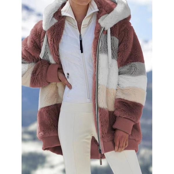 

women's wool & blends autumn and winter warm lamb coat stitching plaid pocket zipper loose women rm*, Black