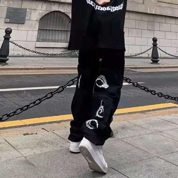 

men's jeans harajuku back hand print black mens pants streetwear oversize straight baggy casual denim trousers couple jean, Blue