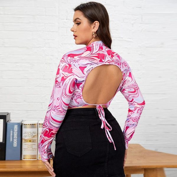 

plus size t-shirt wxxl women's tshirts clothing backless printed cotton crewneck women streetwear casual long sleeve chic tee, Black