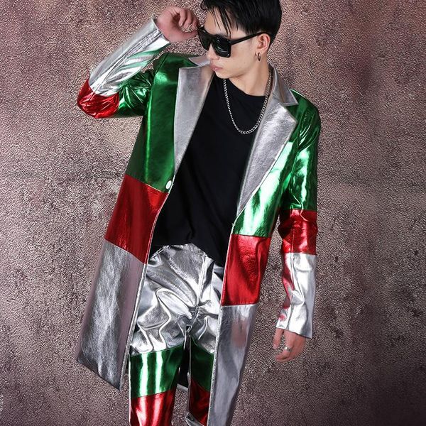 

men's suits & blazers mens blazer jacket streetwear hip hop pu leather splice slim fit long suit coat hombre casual christmas costumes, White;black