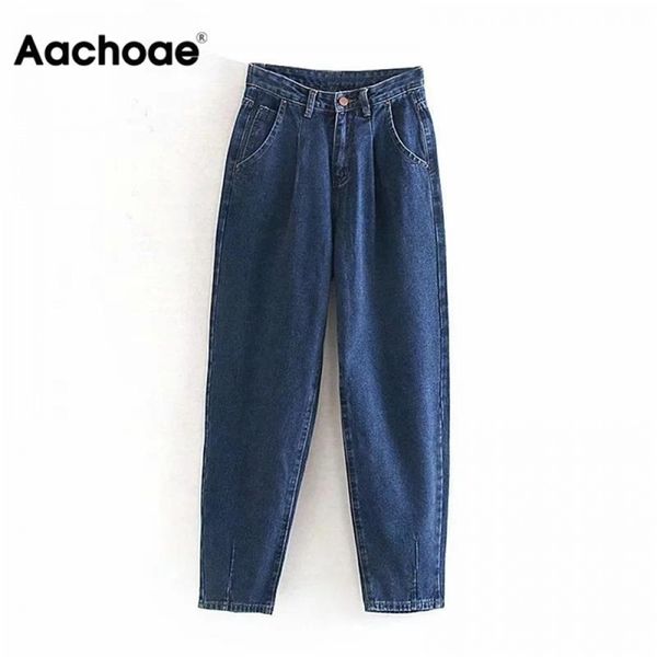 

aachoae jeans women loose casual harem pants boyfriends mom streetwear denim pleated trousers slouchy 210922, Blue