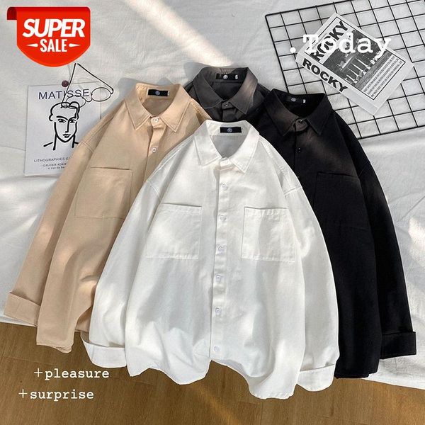 

all-match long-sleeved casual shirt men's solid color loose handsome korean #kg7l, White;black