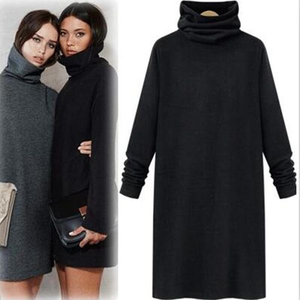 

casual dresses 2021 women thickening warm winter dress long sleeve turtleneck party black slim work wear plus size s - 5xl 6xl, Black;gray