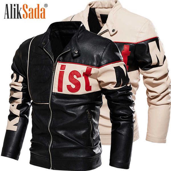 Aliksada Homens Casacos Homens Trendy Motocicleta Roupas Color-Blocking Pu Casaco Plus Velvet Bege Jaqueta de Couro Homens 211018