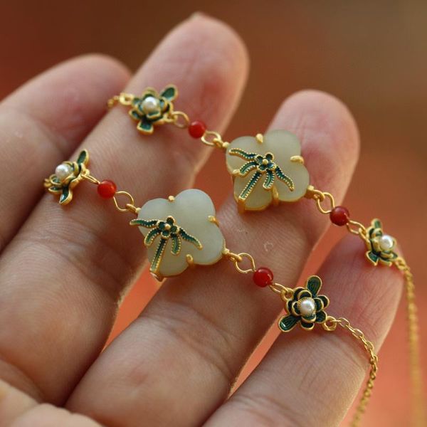 

link, chain chinese style enamel color elegant female charm pearl an white jade stone bracelets hands vintage minorities jewelry, Black