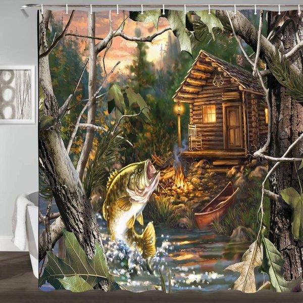 

shower curtains bass fish with wooden cabin house in camo forest lake hunting style
