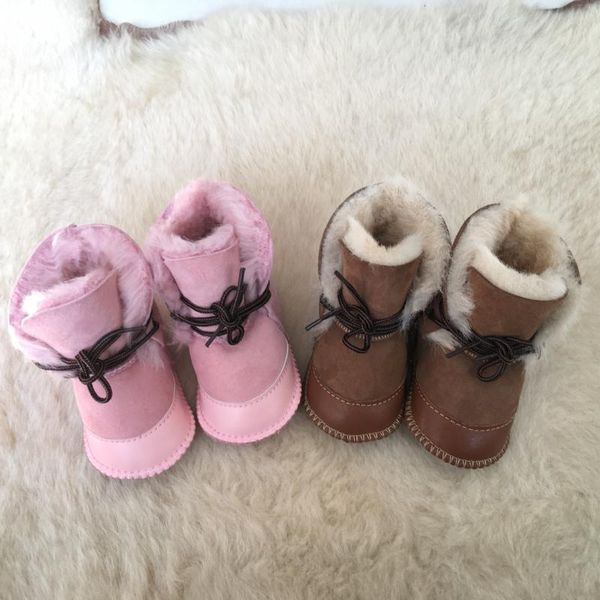 

winter style baby boots boys girls sheep skin leahter shoes with fur born infant snow wear warm box, Black;grey