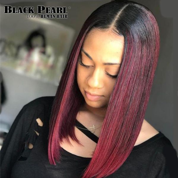 

lace wigs black pearl bob wig1b/30 ombre front human hair for women straight full end malaysian remy middle part, Black;brown