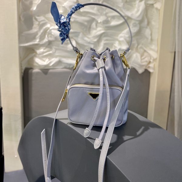 

luxury ladies nylon bucket bags fashion handbag crossbody shoulder bag portable wallet matching silk scarf gift box packaging triangle lette