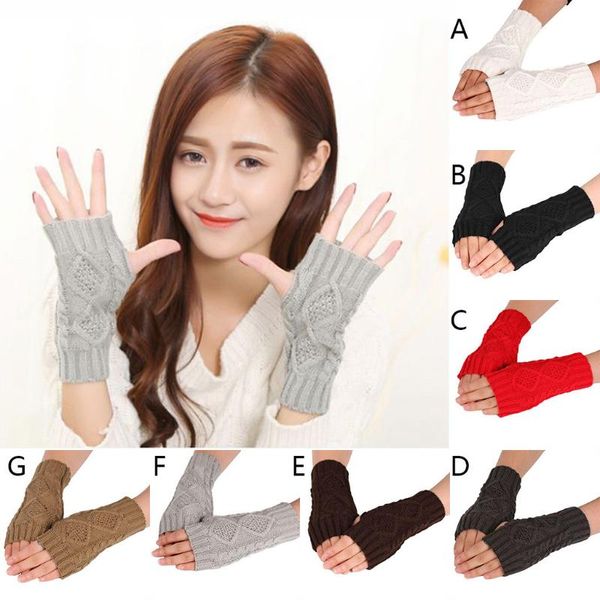 

five fingers gloves women winter warm fingerless crochet thumbhole knit wrist warmers mittens arm hand warmer knitted long, Blue;gray