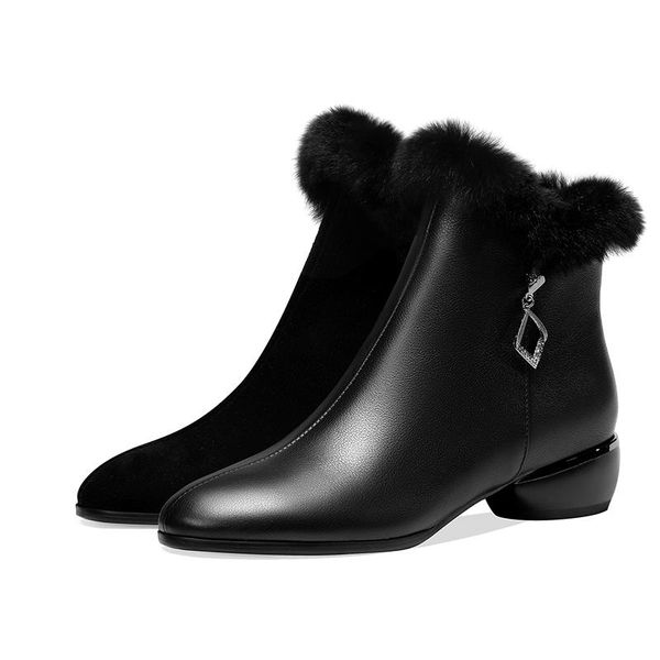 

boots russian winter women ankle natural leather cowhide upper + wool lining warm side zipper lamb shoes, Black