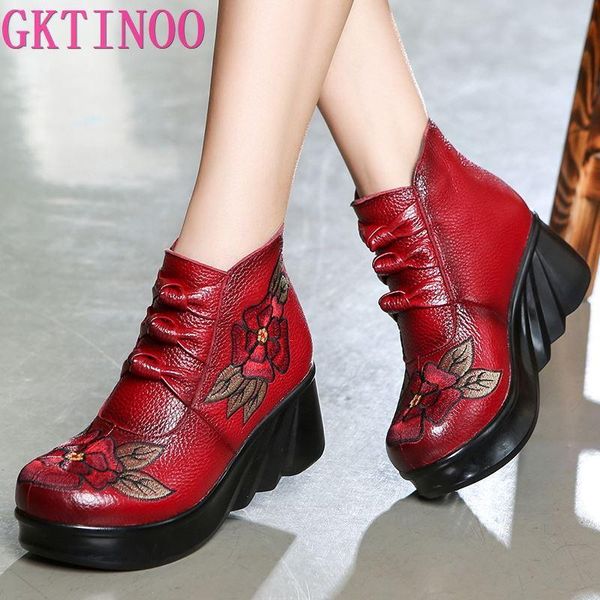 

fashion handmade boots for women genuine leather ankle shoes vintage platform round toes wedges, Black