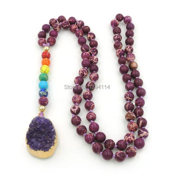 

pendant necklaces natural amethys t druzy & 7 chakra colors pendants 8mm purple imperial jaspe r round beads knot handmade, Silver