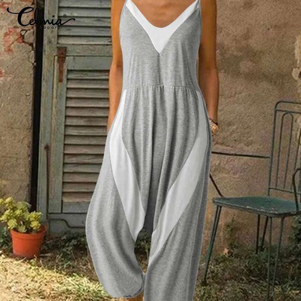 

celmia plus size 5xl jumpsuits women sleeveless straps women summer casual loose knitted rompers v-neck playsuits overall 7, Black;white