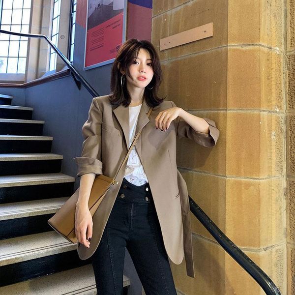 

women's suits & blazers autumn spring 2021 elegant vintage suit long sleeve pocket belt turn down collar blazer loose casual solid colo, White;black
