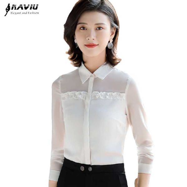 Весенние кружевные рюшами дизайн мода с длинным рукавом блузки для женщин рубашка офисная леди формальная одежда 210604