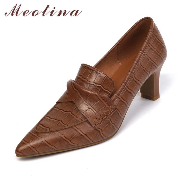 

meotina real leather pointed toe women shoes chunky heels slip on pumps cow leather high heel office footwear female shoes 40 210520, Black