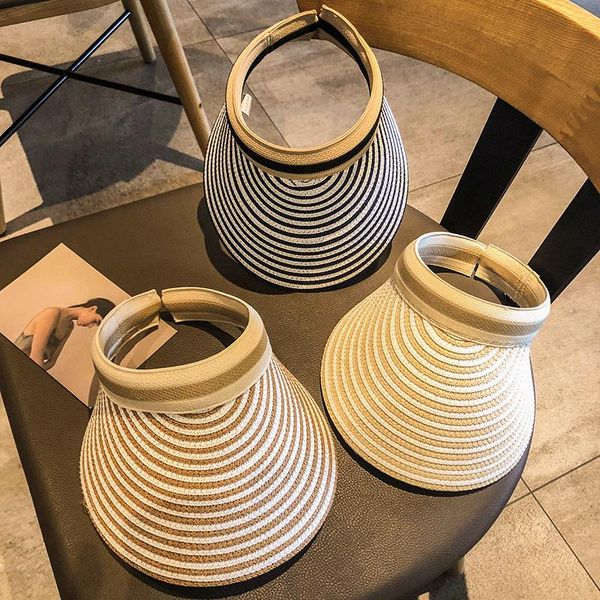 

wide brim hats summer stripe empty straw hat for women hip hop outdoor travel sun protection simple casual big colorful beach-hat 2021, Blue;gray