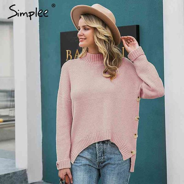 

turtleneck knitted women pullover long sleeve solid oversized button lady sweater jumper pull femme 210414, White;black