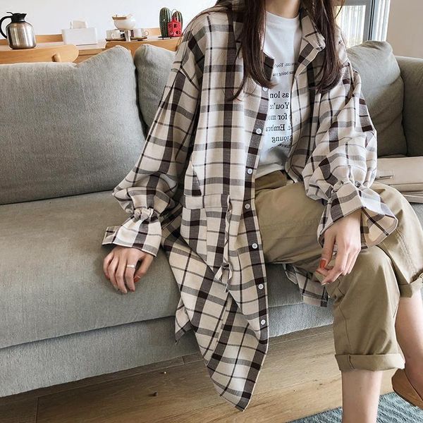 

women long shirt loose plaid coat casual blouse outerwear female vintage 2021 autumn clothing sleeves thin women's blouses & shirts, White