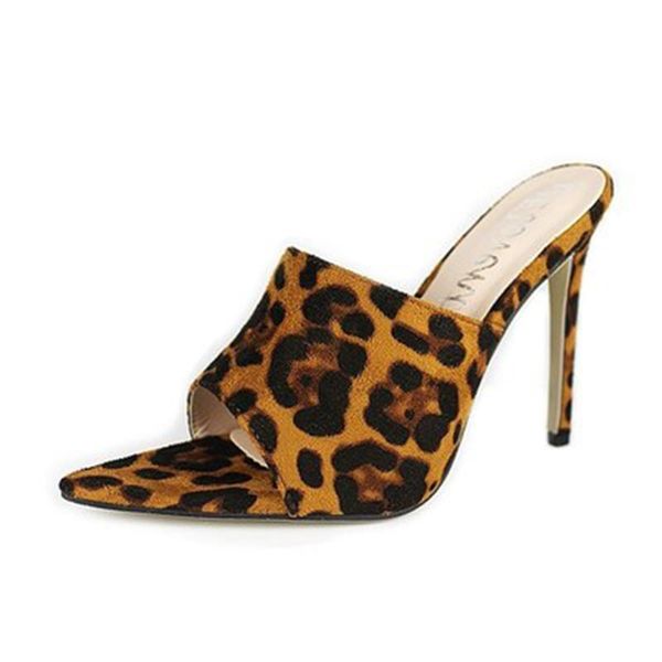 

women mules 2021 thin high heels leopard summer slides peep toe sandals suede mujer party shoes plus size 41 42 43 dress, Black