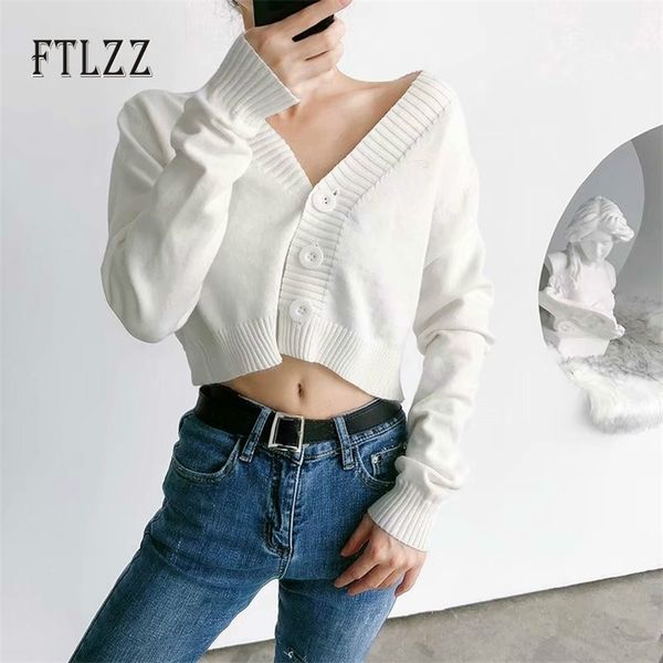 Mode Frauen Kurze Pullover Frühling Herbst Langarm V-ausschnitt Einreiher Strickjacke Koreanische Damen Crop Tops 210525