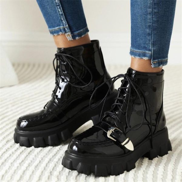 

boots pxelena punk rock gothic women buckle lace up chunky heel thick sole platform combat tactical motorcycle shoe 34-46, Black