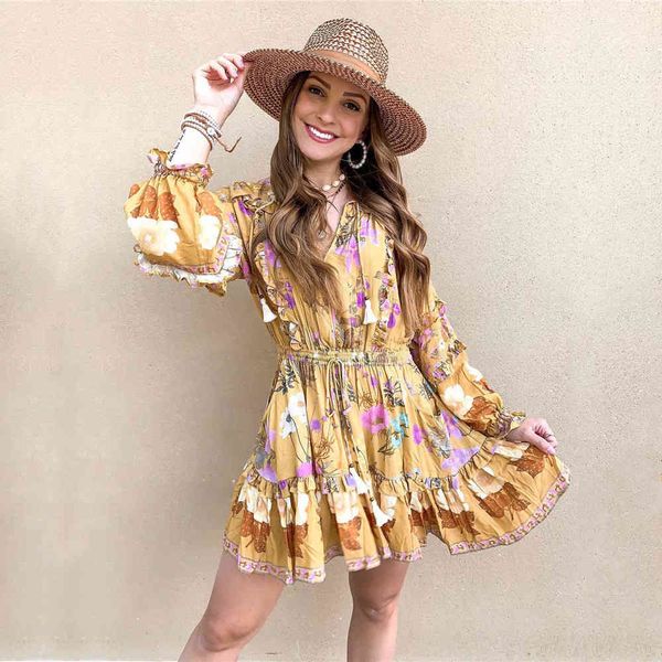

yellow bohemian printed ruffled tassel self belted high waist bobydoll dress for women summer street wear mini dresses a625 210416, White;black