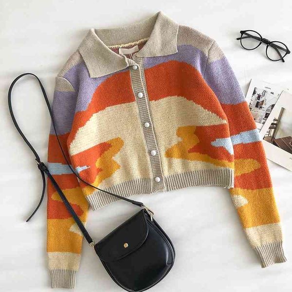 

retro women sweater autumn winter single-breasted turn down collar button up korean vintage sweaters 210602, White;black