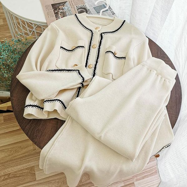 

women's two piece pants fashion lazy knit suit women 2021 autumn contrast color knitted sweater jacket coat wide leg two-piece sets out, White