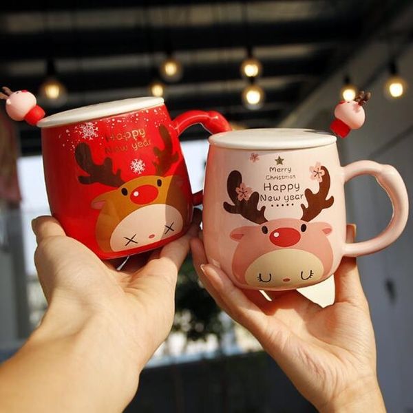 350 ml Keramikbecher Kreative Kaffeetasse mit Deckel und Löffel Tee Milch Tassen Kind Weihnachten Elch Tassen Kinder Geschenk Rot Rosa Paar Tassen 210409