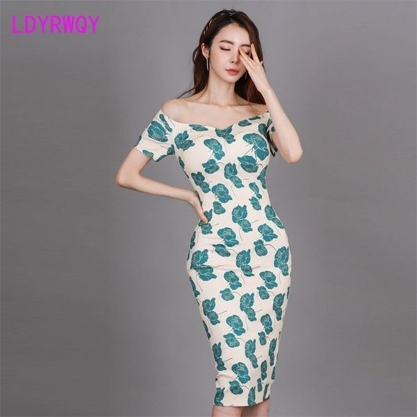 Ldyrwqy Корейский темперамент мода один-линейный воротник без плеча печать тонкий корпус и ягодичное платье 210416