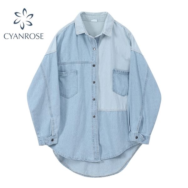 

irregular spliced denim shirt coat women long sleeve pocket cardigan streetwear bf jean jacket y2k harajuku cowboy outwear 211112, Black;brown