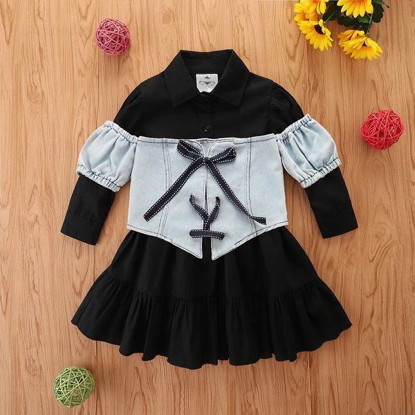 

girl's dresses 2pcs toddler baby girls outfit solid lapel flouncing long sleeve shirt dress + tie up denim vest children infant autumn, Red;yellow