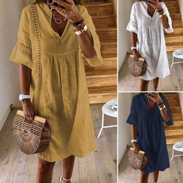 

summer women's dress vintage bohemian deep v neck flare sleeve lace sundress female hollow patchwork simple solid robe 210712, Black;gray