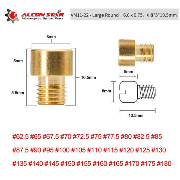 

alconstar- 10 pcs mikuni vm11/22 large round motorcycle carburetor carb main jet nozzle vm11 vm16 vm22 size #62.5 - #180 fuel system
