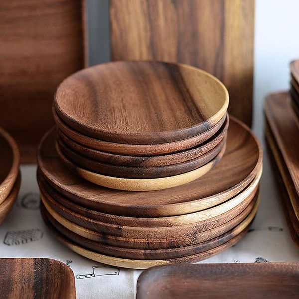 

dishes & plates round wooden acacia wood serving tray cake tableware plate for dessert salad 2 sizes utensils