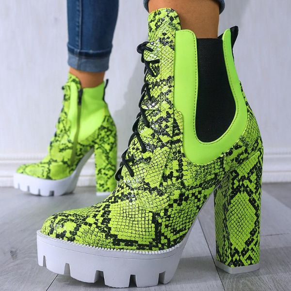 

boots women high heels ankle shoelaces fashion platform winter shoes snake skin lady motorcycles footwear, Black