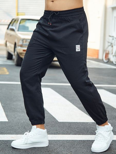 

men solid patched detail pants r7c1#, Black