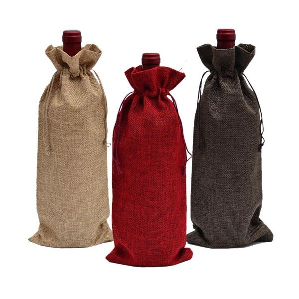 

gift wrap 3pcs/set vintage jute burlap bottle bags drawstring wine covers wedding party linen package 5.9"x13.7"