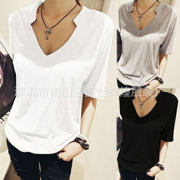 

women's t-shirt ou su mei stand neck v open short sleeve zgsj, White