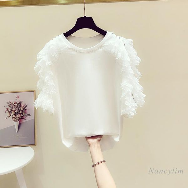 

women's t-shirt diamond ruffled sleeve round neck white tee 2021 summer sweet girls ladies all-match t shirt mujer