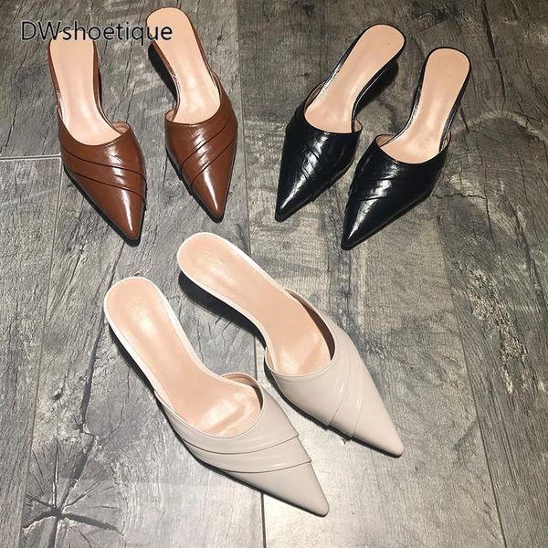 

slippers spring pointed toe low heel women mules slip on casual, Black