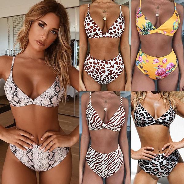 

women's swimwear two pcs women bikini set high waist snake leopard print padded bra swimsuit deep v-neck beach bathing suits fashion bi, White;black