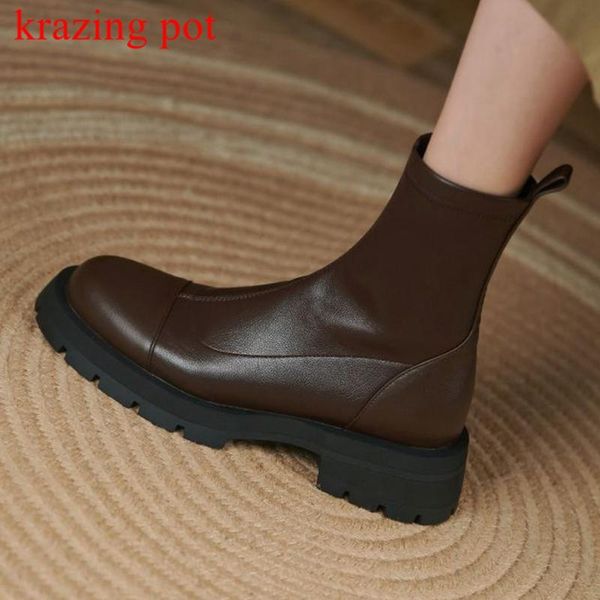 

boots krazing pot cow leather leisure med heels western round toe winter slip on simple lazy big size 43 42 stretch ankle, Black